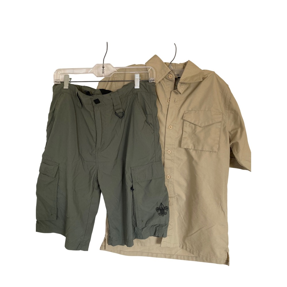Boy Scouts of America BSA Uniform Set Tan Shirt Youth Large Olive Cargo Shorts